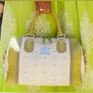 MCM Lime Green & White Visetos Boston Bag, EUC